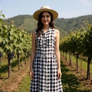 BANANA REPUBLIC Gingham Midi Shirtdress Black White Sleeveless Womens 0